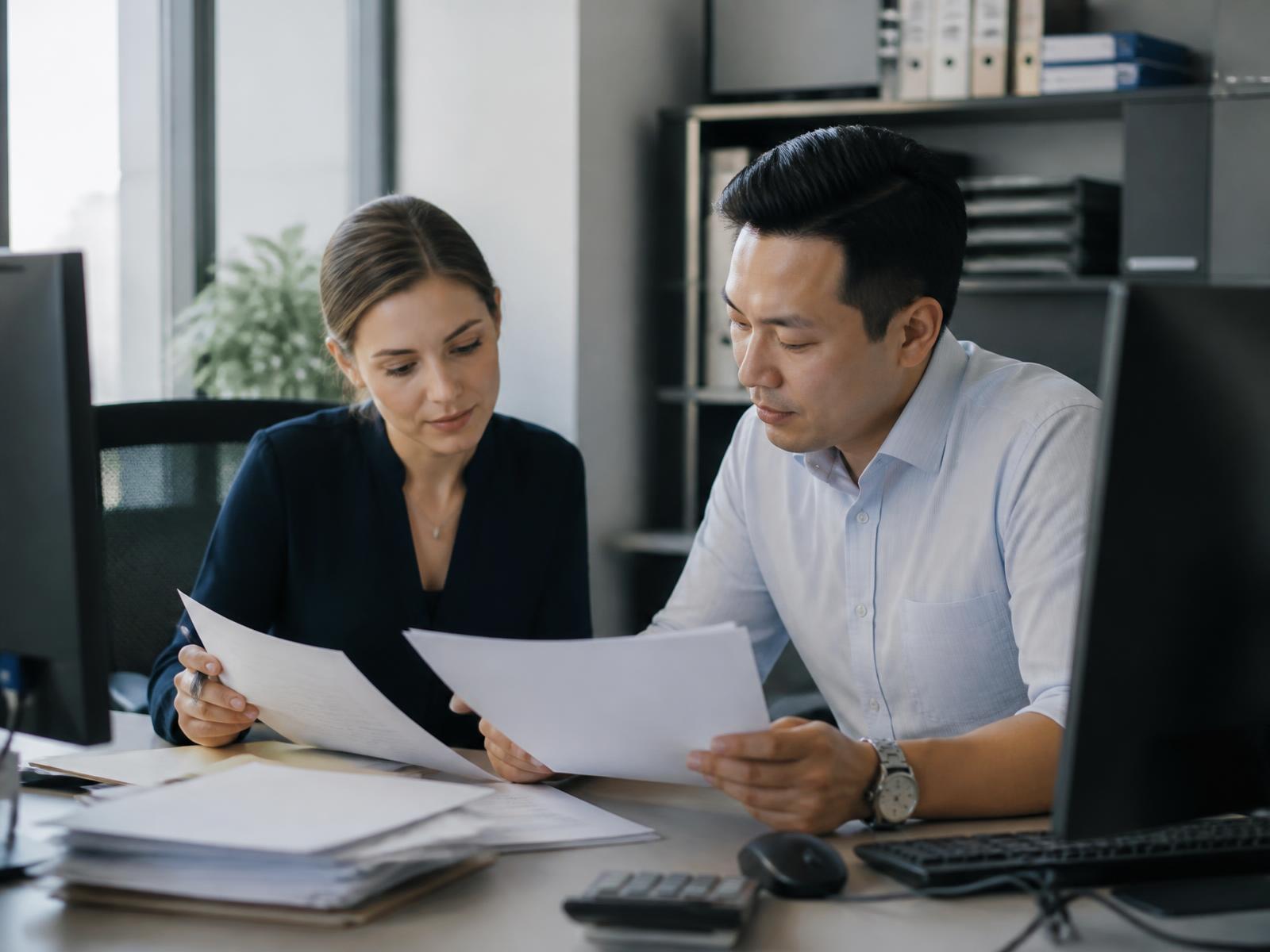 Two finance professionals reviewing reconciliation statements at a desk